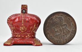 QUEEN ELIZABETH II CORONATION IRON MONEYBOX & GLASS STAMP