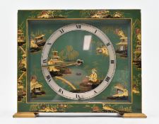 EARLY 20TH CENTURY CHINOISERIE GREEN LACQUER MANTLE CLOCK