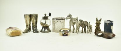 CURIOS INCLUDING MINIATURE ANIMALS, FLASK, GLASS CANISTER ETC