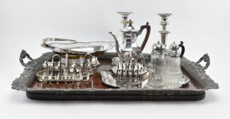 PAIR OF SHEFFIELD PLATED CANDLESTICKS & OTHER SILVER PLATE