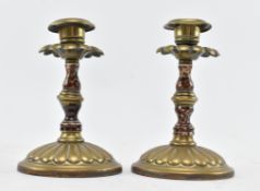 PAIR OF VICTORIAN BRASS WITH CERAMIC MARBLE CANDLESTICKS