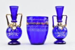 THREE EARLY 20TH CENTURY BOHEMIA BRISTOL BLUE GLASS ITEMS