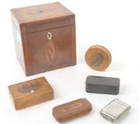 GEORGIAN MAHOGANY TEA CADDY WITH A COLLECTION OF SNUFF BOXES