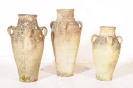 THREE 19TH CENTURY STONE AMPHORA GARDEN URNS