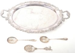 20TH CENTURY LARGE SILVER PLATED TRAY & TWO SPOONS