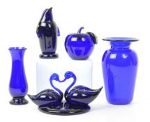 BRISTOL BLUE GLASS - COLLECTION OF FIVE ITEMS INCL. TWO VASES