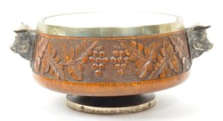 MID CENTURY CARVED OAK & CERAMIC SERVING BOWL