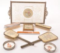 COLLECTION OF EARLY 20TH CENTURY NEEDLEPOINT VANITY SET PIECES
