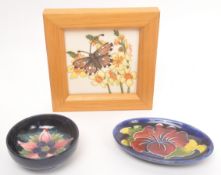 MOORCROFT - THREE PORCELAIN ITEMS TO INCLUDE FRAMED TILE