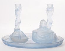 ART DECO BLUE GLASS DRESSING TABLE SET - MERMAID FIGURES