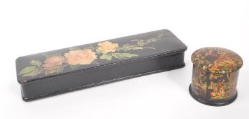 TWO EARLY 20TH CENTURY EBONISED PAPIER MACHE LIDDED BOXES