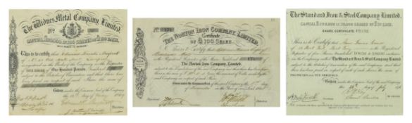 THREE 19TH CENTURY IRON, STEEL AND METAL SHARE CERTIFICATES