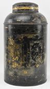 VICTORIAN 19TH CENTURY BLACK JAPANNED TOLEWARE TEA CANISTER