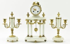 MOUGIN - FRENCH WHITE MARBLE & BRASS PORTICO CLOCK GARNITURE