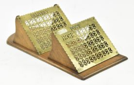 EDWARDIAN OAK & PIERCED BRASS LETTER POST WALL RACK