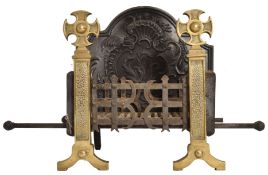 LATE 19TH / EARLY 20TH CENTURY CAST IRON FIRE GRATE & ANDIRONS