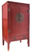 EARLY 20TH CENTURY CHINESE RED LACQUER MARRIAGE CABINET