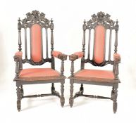 PAIR OF CAROLEAN REVIVAL 19TH CENTURY THRONE CHAIRS