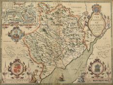JOHN SPEEDE - 1610 THE COUNTYE OF MONMOUTH MAP HAND-COLOURED