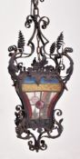 CONTINENTAL EARLY 20TH CENTURY WROUGHT IRON & GLASS LANTERN