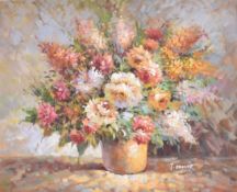 T. DENVER - MID CENTURY OIL ON CANVAS STILL LIFE OF FLOWERS