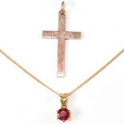 9CT GOLD & RED STONE PENDANT NECKLACE & GOLD CROSS PENDANT