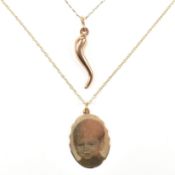 TWO 9CT GOLD PENDANT NECKLACES INCLUDING CORNICELLO
