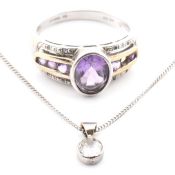 18CT GOLD & DIAMOND PENDANT NECKLACE & SILVER & GEM SET RING