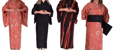 COLLECTION OF THREE VINTAGE JAPANESE KIMONOS AND A BLACK OBI