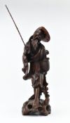 QING DYNASTY CARVED WOODEN FIGURINE 清 姜太公钓鱼木刻像