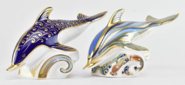 ROYAL CROWN DERBY - TWO FINE BONE CHINA DOLPHIN PAPERWEIGHTS