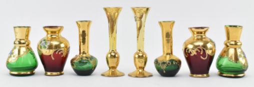 EIGHT MURANO GLASS & GILT OVERLAY BUD VASES