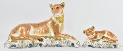 ROYAL CROWN DERBY - TWO FINE BONE CHINA LION PAPERWEIGHTS