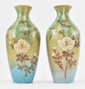 PAIR OF JAPANESE POTTERY VASES WITH BIRD AND FLOWER DECOR