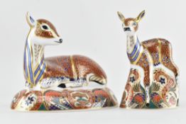 ROYAL CROWN DERBY - TWO FINE BONE CHINA DEER PAPERWEIGHTS