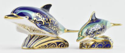 ROYAL CROWN DERBY - TWO FINE BONE CHINA DOLPHIN PAPERWEIGHTS