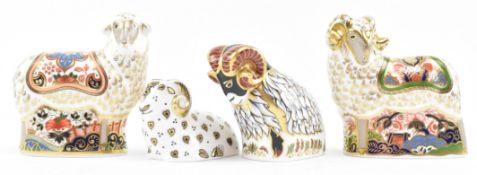ROYAL CROWN DERBY - FOUR FINE BONE CHINA RAM PAPERWEIGHTS