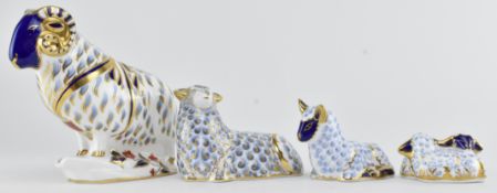 ROYAL CROWN DERBY - FOUR FINE BONE CHINA SHEEP PAPERWEIGHTS