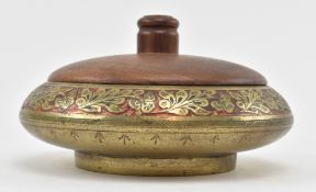 MID CENTURY INDIAN BRASS BOWL WITH HANDMADE WOODEN COVER