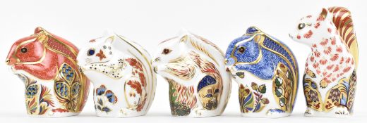 ROYAL CROWN DERBY - FIVE FINE BONE CHINA SQURREL PAPERWEIGHTS