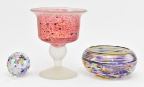 A LARGE VINTAGE MDINA GLASS CUP & TWO BATH AQUA GLASS WARES