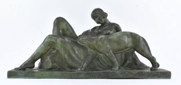 ATT. A. OULINE - ART DECO TERRACOTTA FIGURE OF LADY & PANTHER