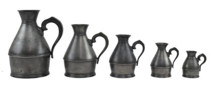 SET OF FIVE 19TH CENTURY IRISH PEWTER HAYSTACK JUGS