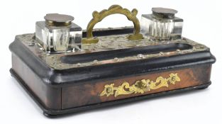 VICTORIAN EBONISED & BURR WALNUT BRASS INLAID DESK TIDY