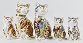 ROYAL CROWN DERBY - FIVE FINE BONE CHINA CAT PAPERWEIGHTS