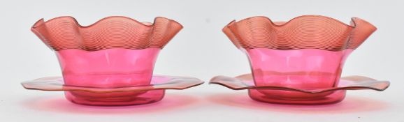PAIR OF VICTORIAN CRANBERRY GLASS FINGER BOWLS & SAUCERS