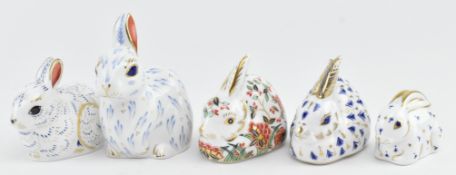 ROYAL CROWN DERBY - FIVE FINE BONE CHINA RABBIT PAPERWEIGHTS