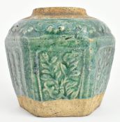 QING DYNASTY SHIWAN HEXAGONAL GINGER JAR 清 石湾绿釉陶六方罐