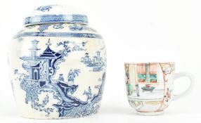 QING FAMILE ROSE COFFEE CUP & GINGER JAR 清 乾隆粉彩人物杯和青花罐