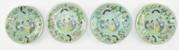 FOUR QING CELADON GLAZE FAMILLE ROSE PLATES 嘉道 豆青釉广彩盘一组